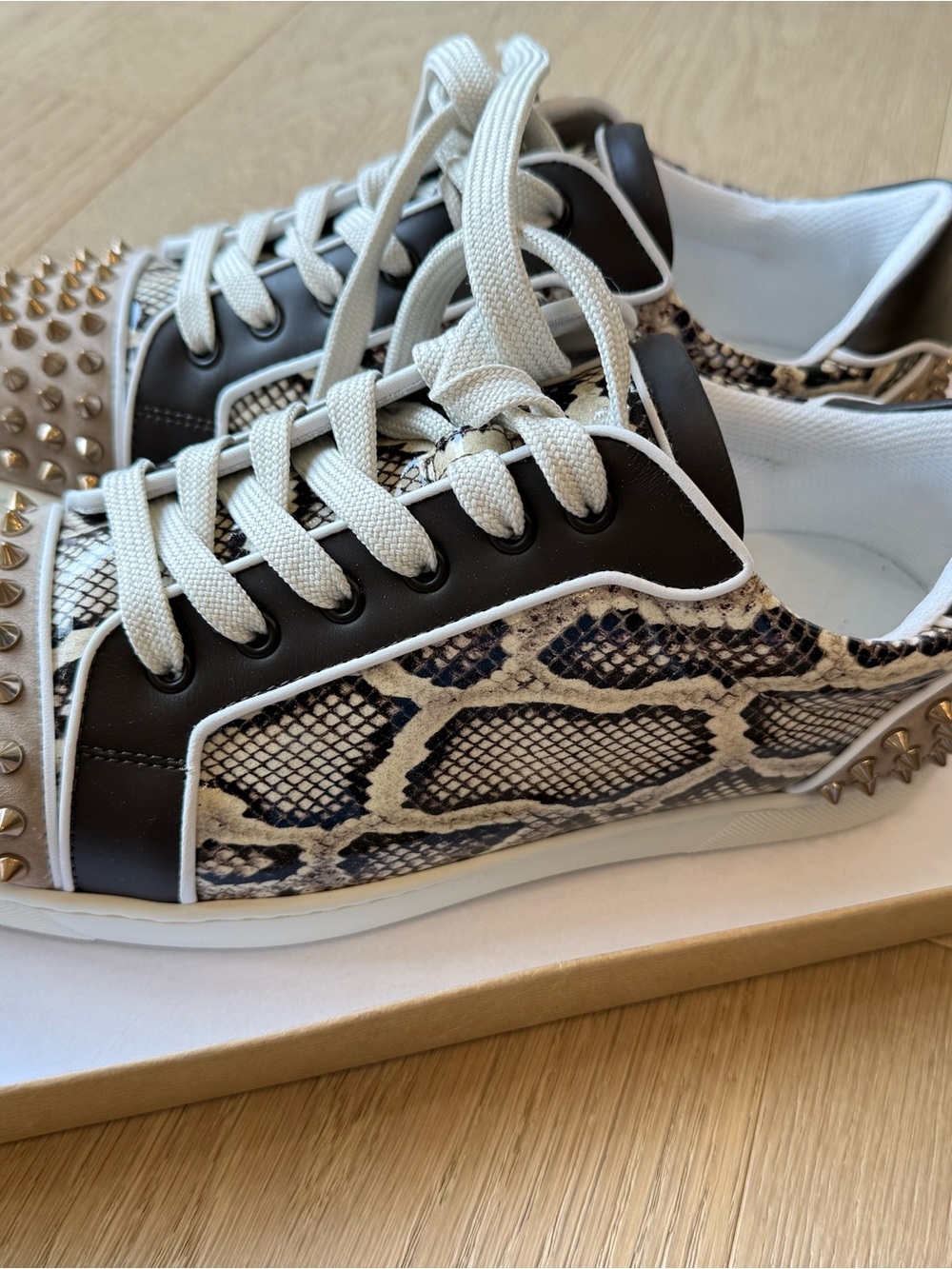 Christian Louboutin Studded Snake-Print Low-Top Sneakers in Black and Beige - Picture 3 of 8